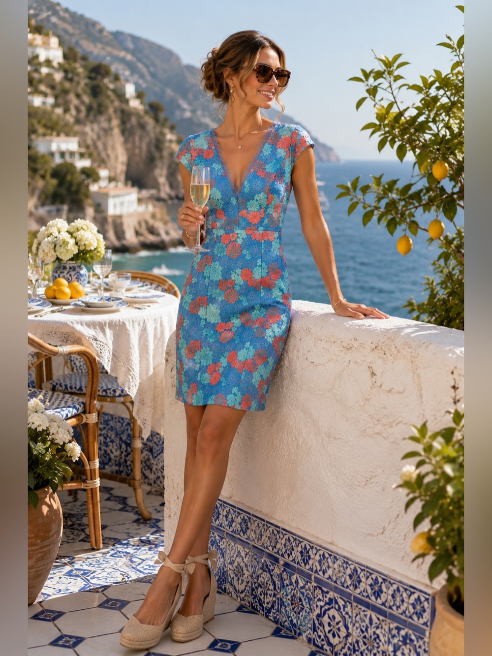 Nikibiki Blue Floral V-Neck Cap Sleeve Dress